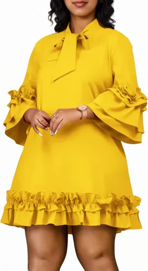 Cocoinsity Women's Plus Size Vintage Dress Ruffle Sleeve with Tie Casual A line Swing Midi Dresses