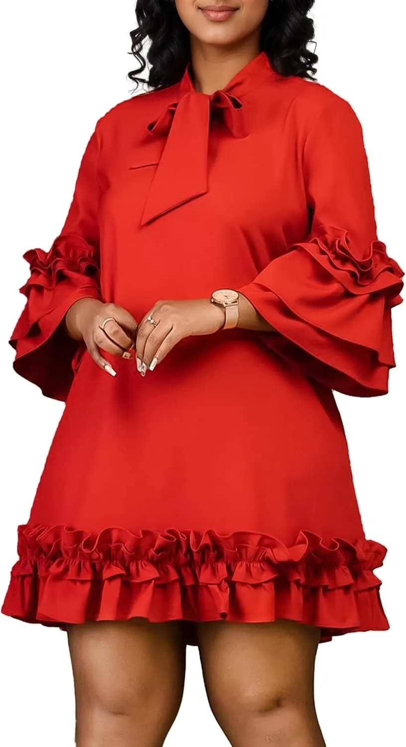 Cocoinsity Women's Plus Size Vintage Dress Ruffle Sleeve with Tie Casual A line Swing Midi Dresses