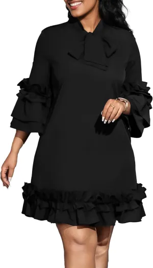Cocoinsity Women's Plus Size Vintage Dress Ruffle Sleeve with Tie Casual A line Swing Midi Dresses