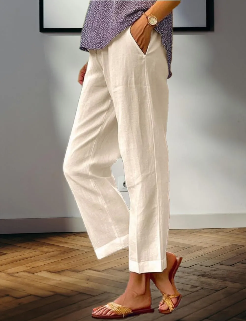 Costaric Cotton Linen Floral Cropped Pants for Women Summer Elastic Waist Straight Wide Leg Boho Beach Trouser with Pockets