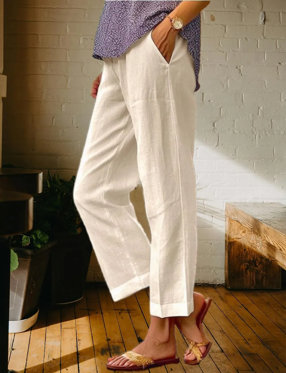 Costaric Cotton Linen Floral Cropped Pants for Women Summer Elastic Waist Straight Wide Leg Boho Beach Trouser with Pockets