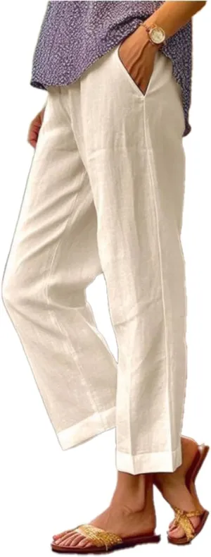 Costaric Cotton Linen Floral Cropped Pants for Women Summer Elastic Waist Straight Wide Leg Boho Beach Trouser with Pockets
