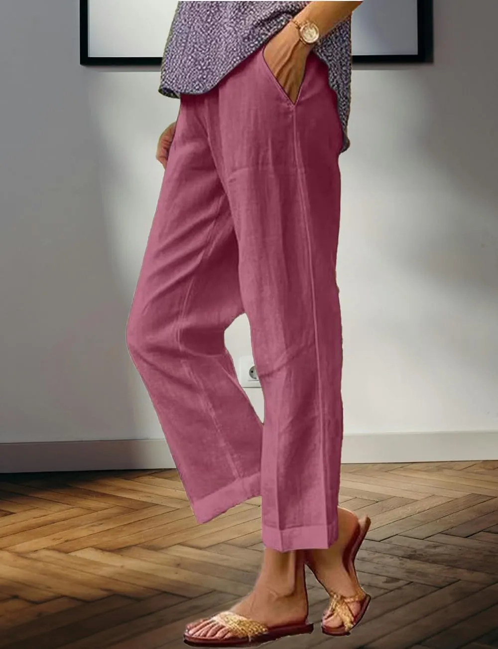 Costaric Cotton Linen Floral Cropped Pants for Women Summer Elastic Waist Straight Wide Leg Boho Beach Trouser with Pockets