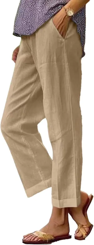 Costaric Cotton Linen Floral Cropped Pants for Women Summer Elastic Waist Straight Wide Leg Boho Beach Trouser with Pockets