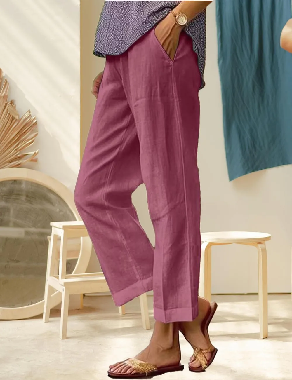 Costaric Cotton Linen Floral Cropped Pants for Women Summer Elastic Waist Straight Wide Leg Boho Beach Trouser with Pockets