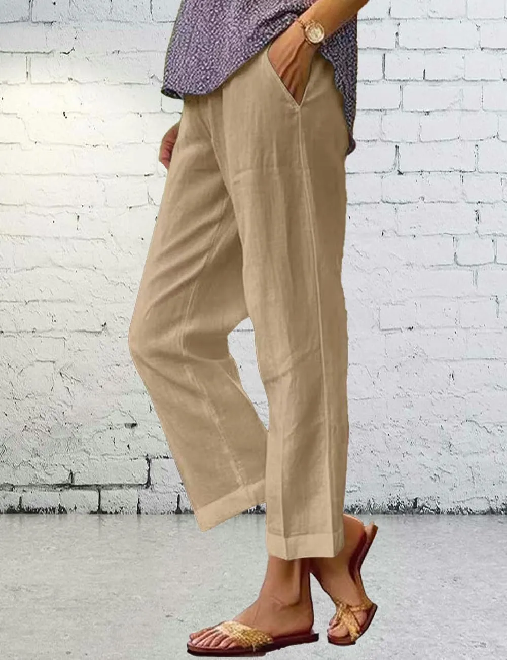 Costaric Cotton Linen Floral Cropped Pants for Women Summer Elastic Waist Straight Wide Leg Boho Beach Trouser with Pockets