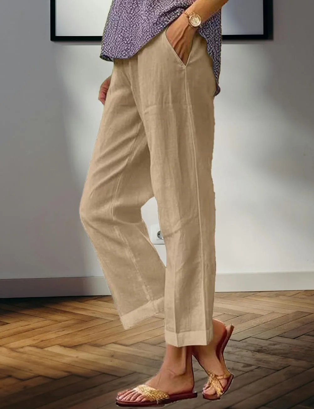 Costaric Cotton Linen Floral Cropped Pants for Women Summer Elastic Waist Straight Wide Leg Boho Beach Trouser with Pockets