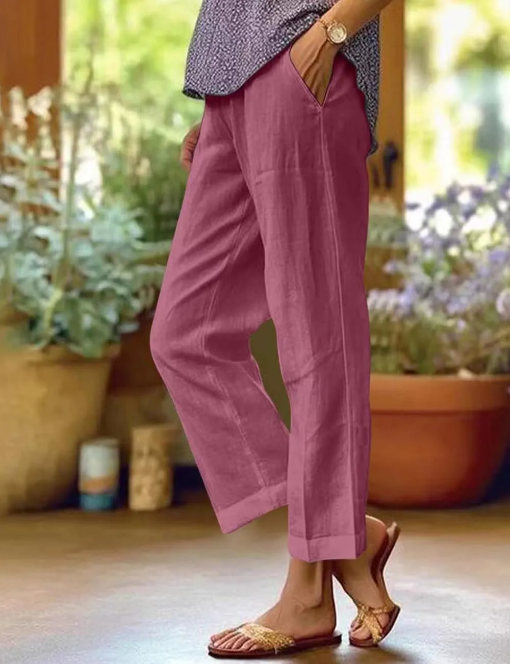 Costaric Cotton Linen Floral Cropped Pants for Women Summer Elastic Waist Straight Wide Leg Boho Beach Trouser with Pockets