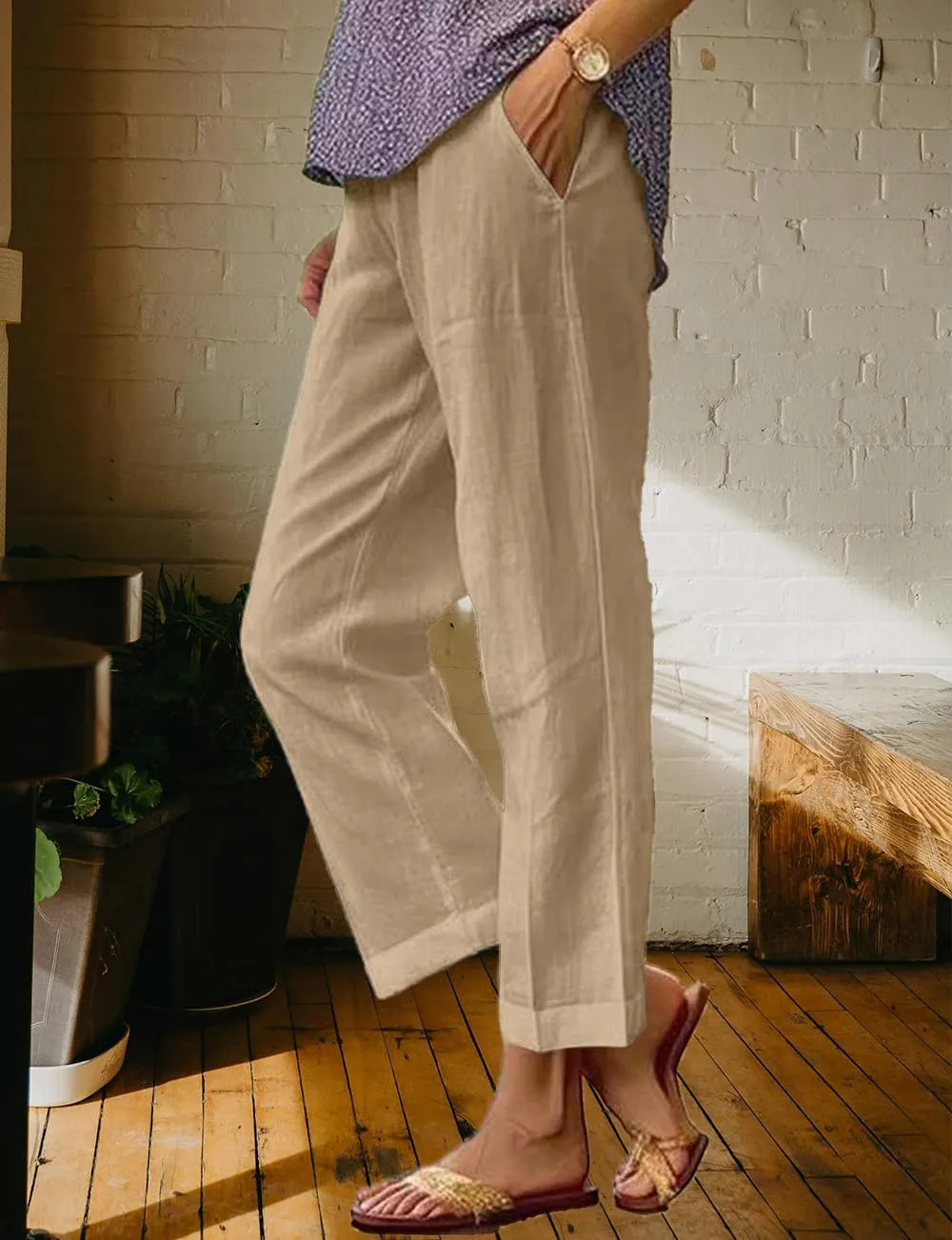 Costaric Cotton Linen Floral Cropped Pants for Women Summer Elastic Waist Straight Wide Leg Boho Beach Trouser with Pockets