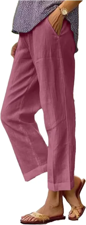 Costaric Cotton Linen Floral Cropped Pants for Women Summer Elastic Waist Straight Wide Leg Boho Beach Trouser with Pockets