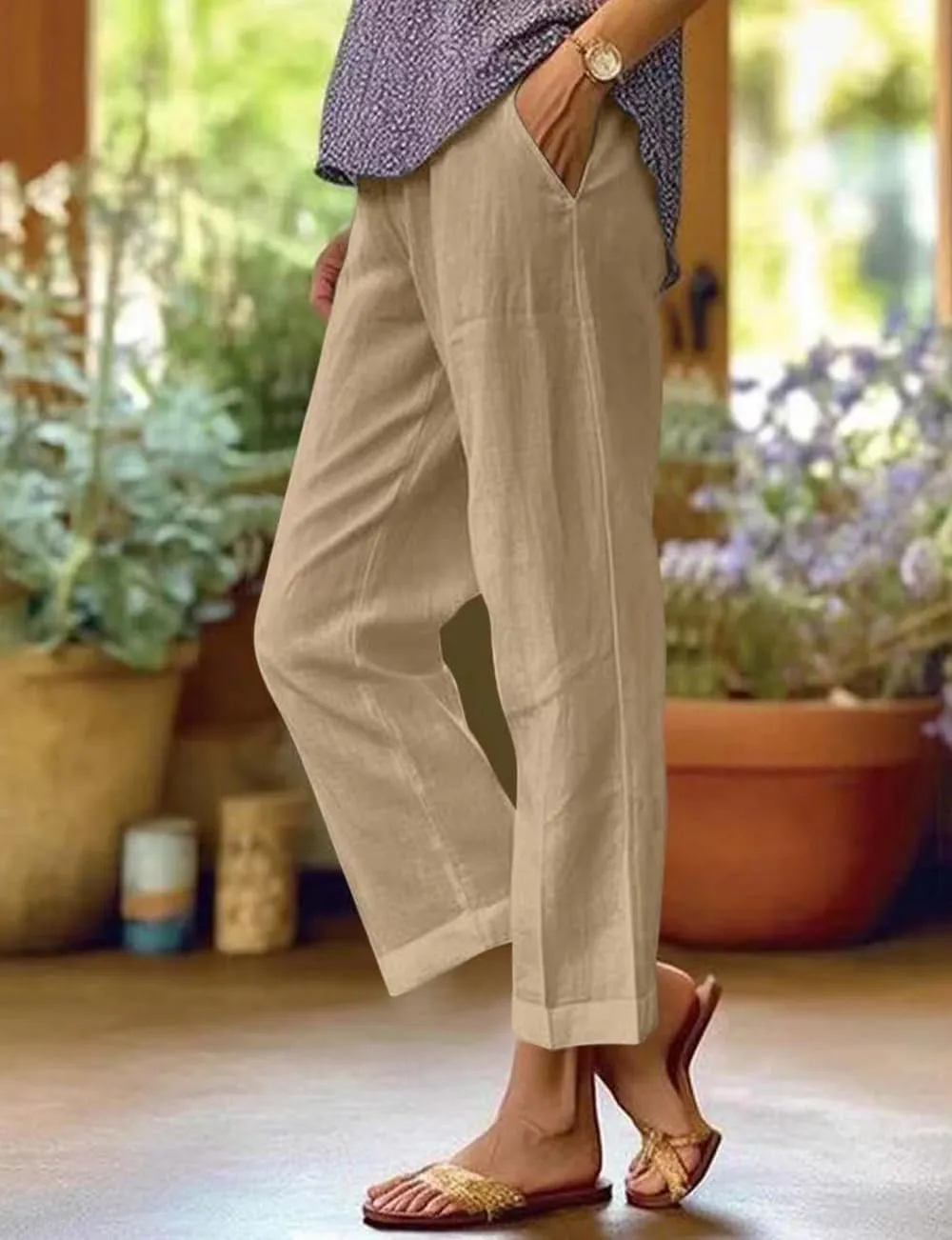 Costaric Cotton Linen Floral Cropped Pants for Women Summer Elastic Waist Straight Wide Leg Boho Beach Trouser with Pockets
