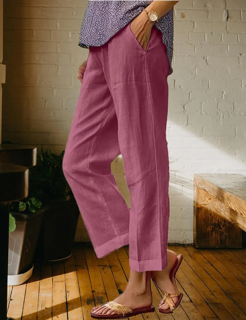 Costaric Cotton Linen Floral Cropped Pants for Women Summer Elastic Waist Straight Wide Leg Boho Beach Trouser with Pockets