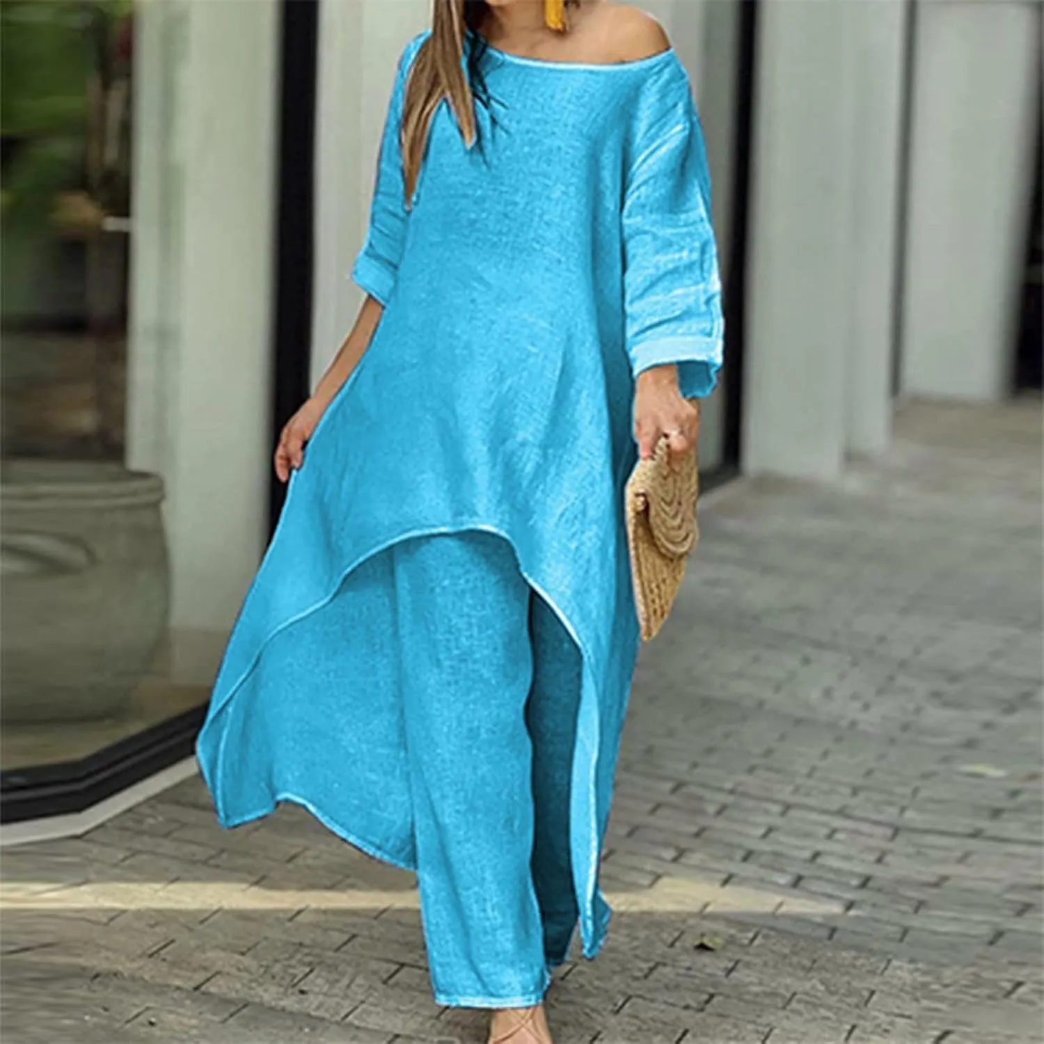 Cotton Linen Long Sets Women 2 Piece Outfits Long Sleeve High Low Tunic Tops Oversized and Wide Leg Pants Loungewear