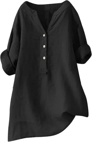 Cotton Linen Shirts for Women 2024 Buttons V Neck Long Sleeve Tops Summer Trendy Blouses Casual Loose Tunic Tops