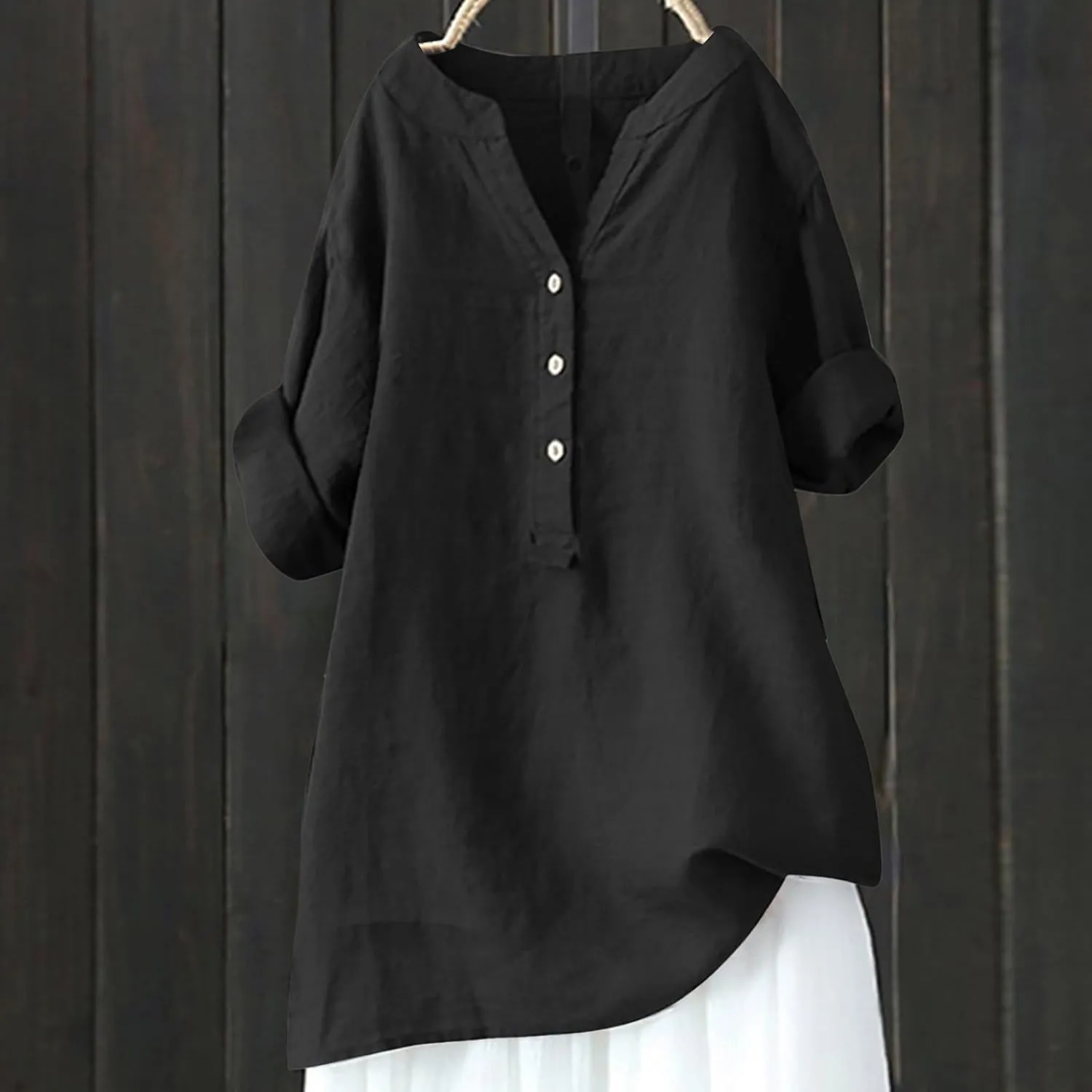 Cotton Linen Shirts for Women 2024 Buttons V Neck Long Sleeve Tops Summer Trendy Blouses Casual Loose Tunic Tops