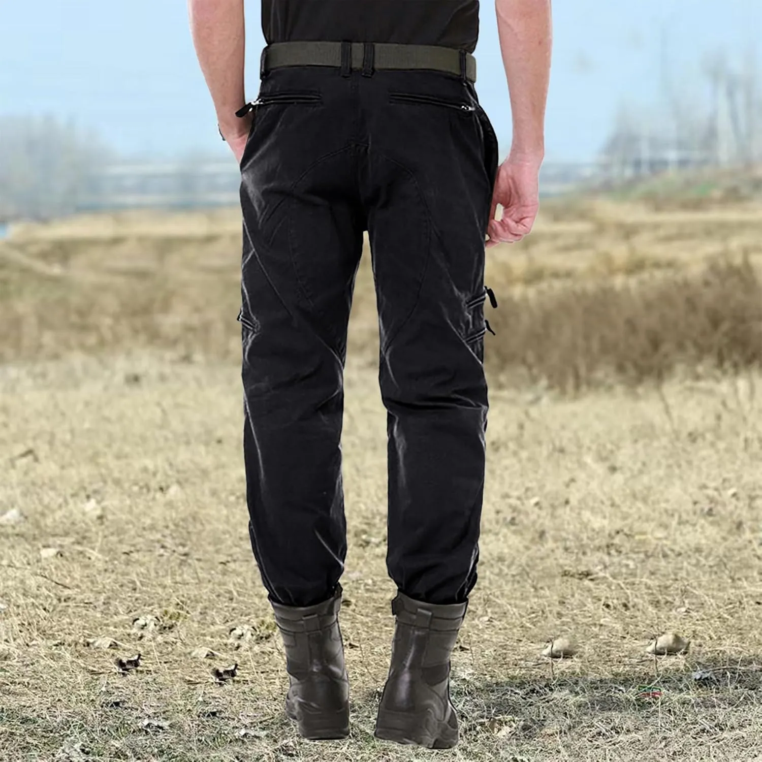 CRYSULLY Men's Tactical Pants Military Work Pants for Men Ripstop 9 Pockets Construction Trousers (No Belt)