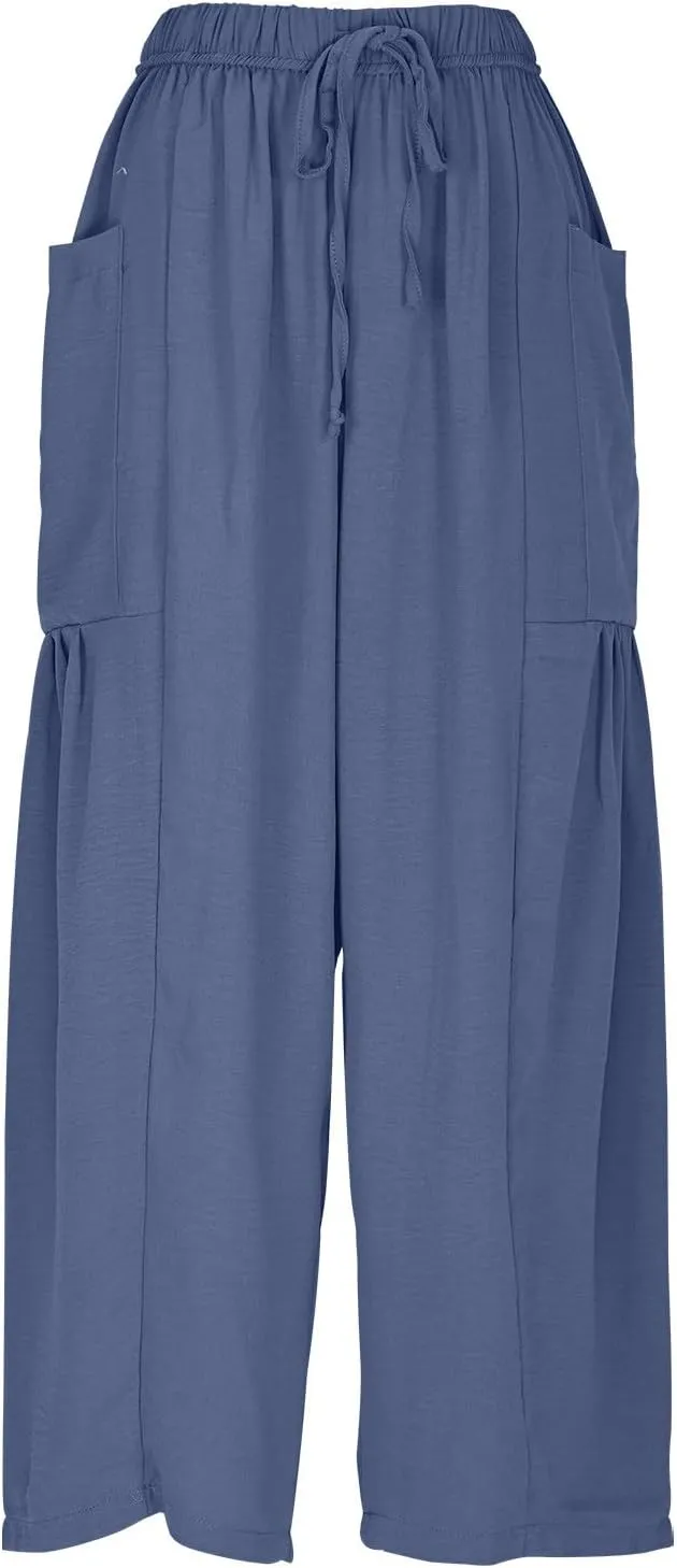 DASAYO Linen Pants Women Drawstring Elastic Waist Palazzo Harem Pants with Side Pockets Ladies Casual Loose Wide Leg Trousers