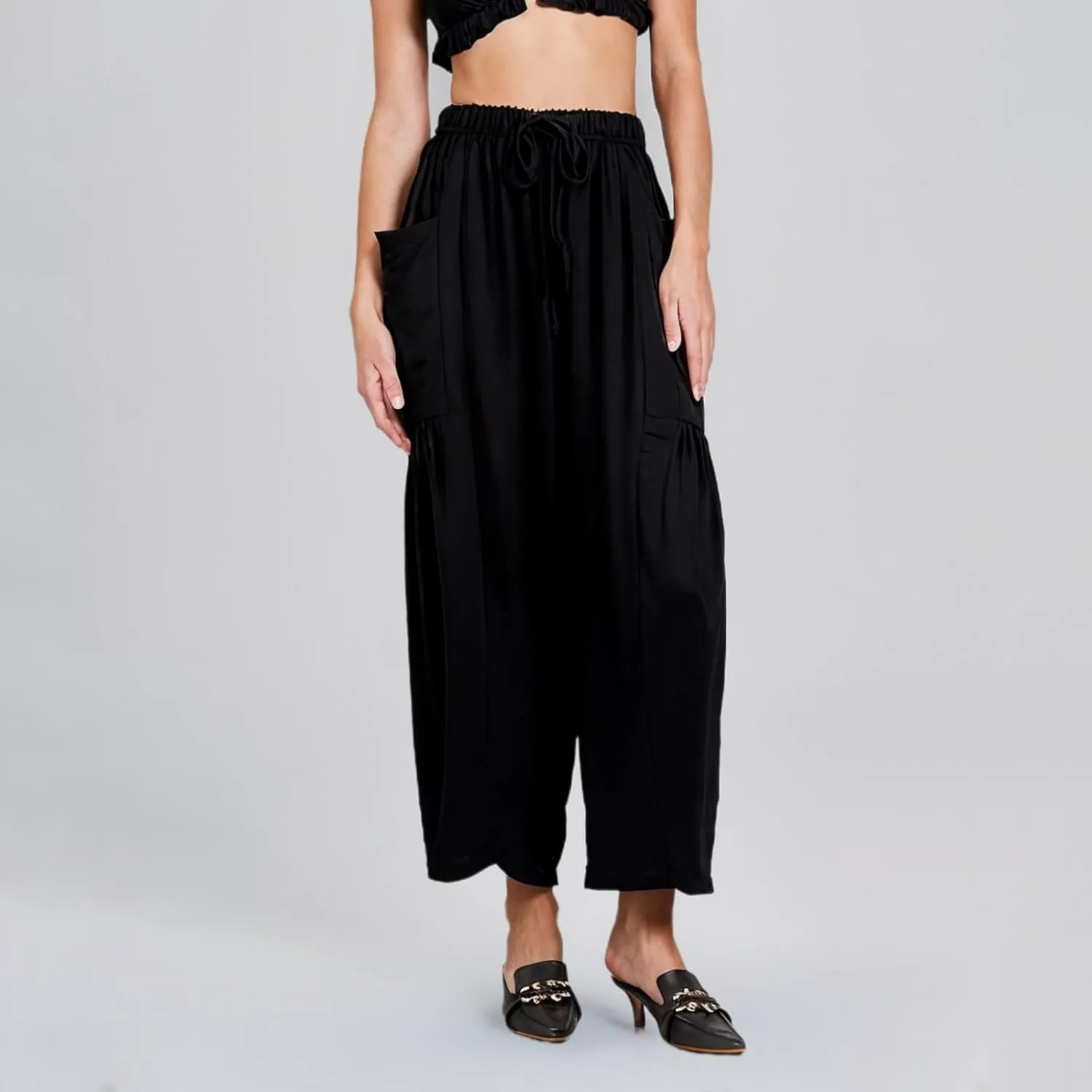 DASAYO Linen Pants Women Drawstring Elastic Waist Palazzo Harem Pants with Side Pockets Ladies Casual Loose Wide Leg Trousers