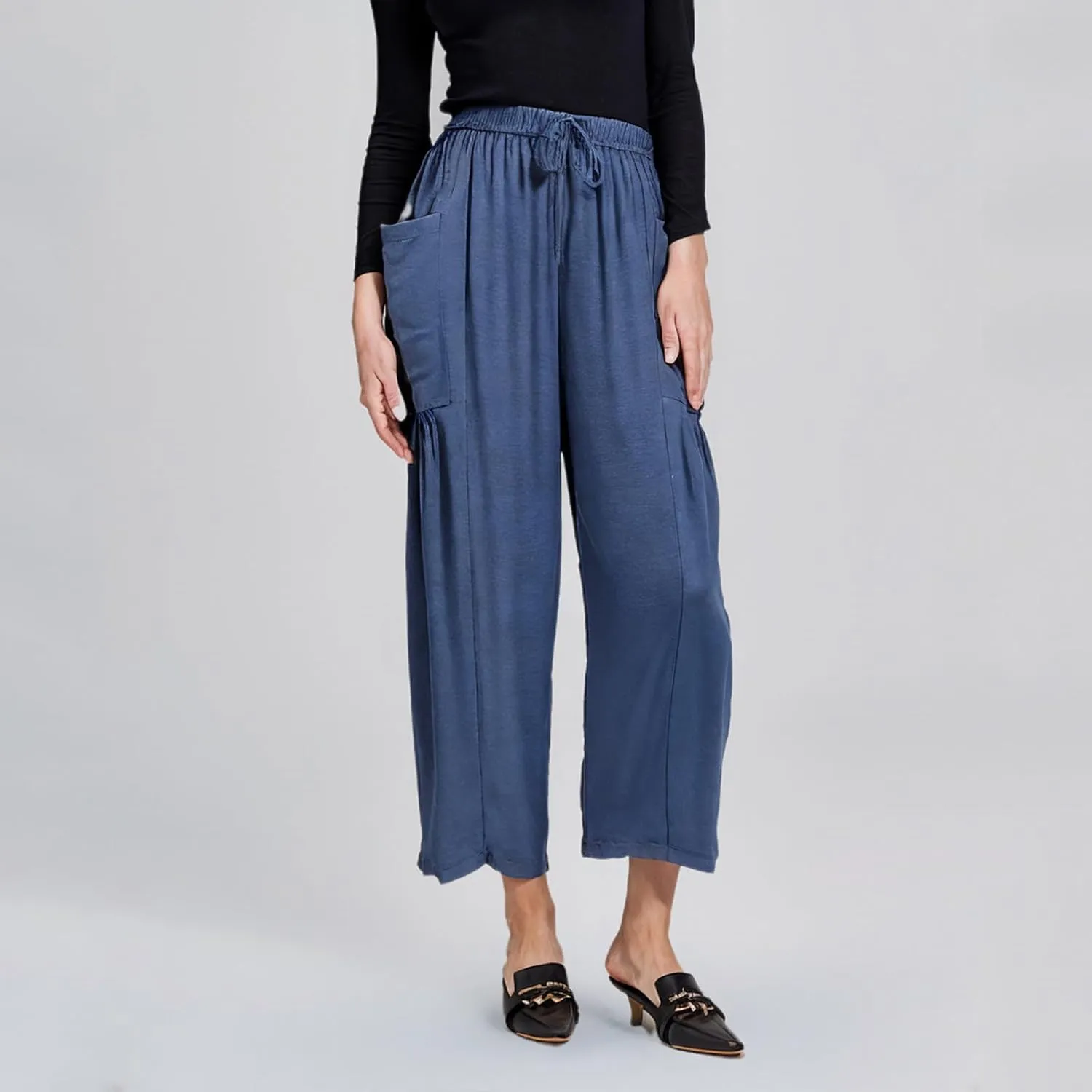 DASAYO Linen Pants Women Drawstring Elastic Waist Palazzo Harem Pants with Side Pockets Ladies Casual Loose Wide Leg Trousers