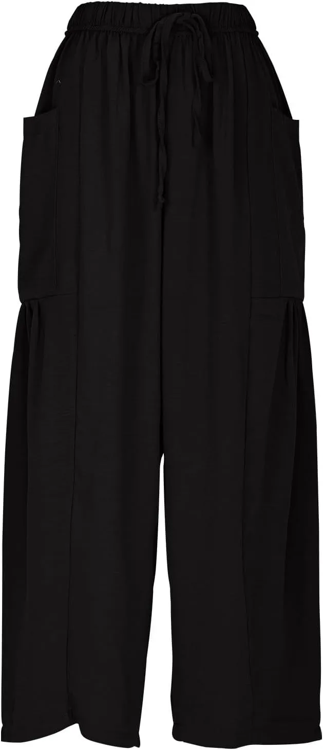 DASAYO Linen Pants Women Drawstring Elastic Waist Palazzo Harem Pants with Side Pockets Ladies Casual Loose Wide Leg Trousers