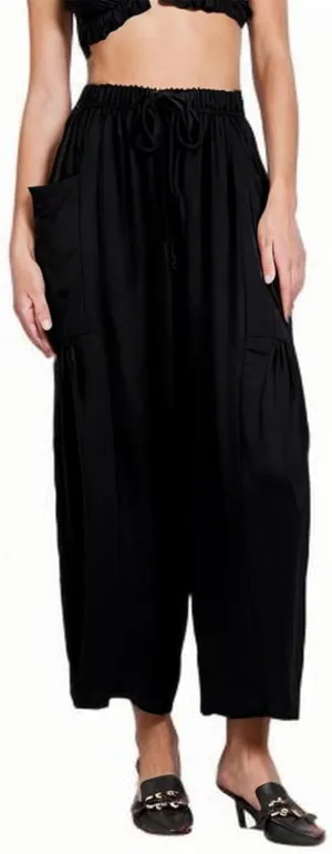 DASAYO Linen Pants Women Drawstring Elastic Waist Palazzo Harem Pants with Side Pockets Ladies Casual Loose Wide Leg Trousers