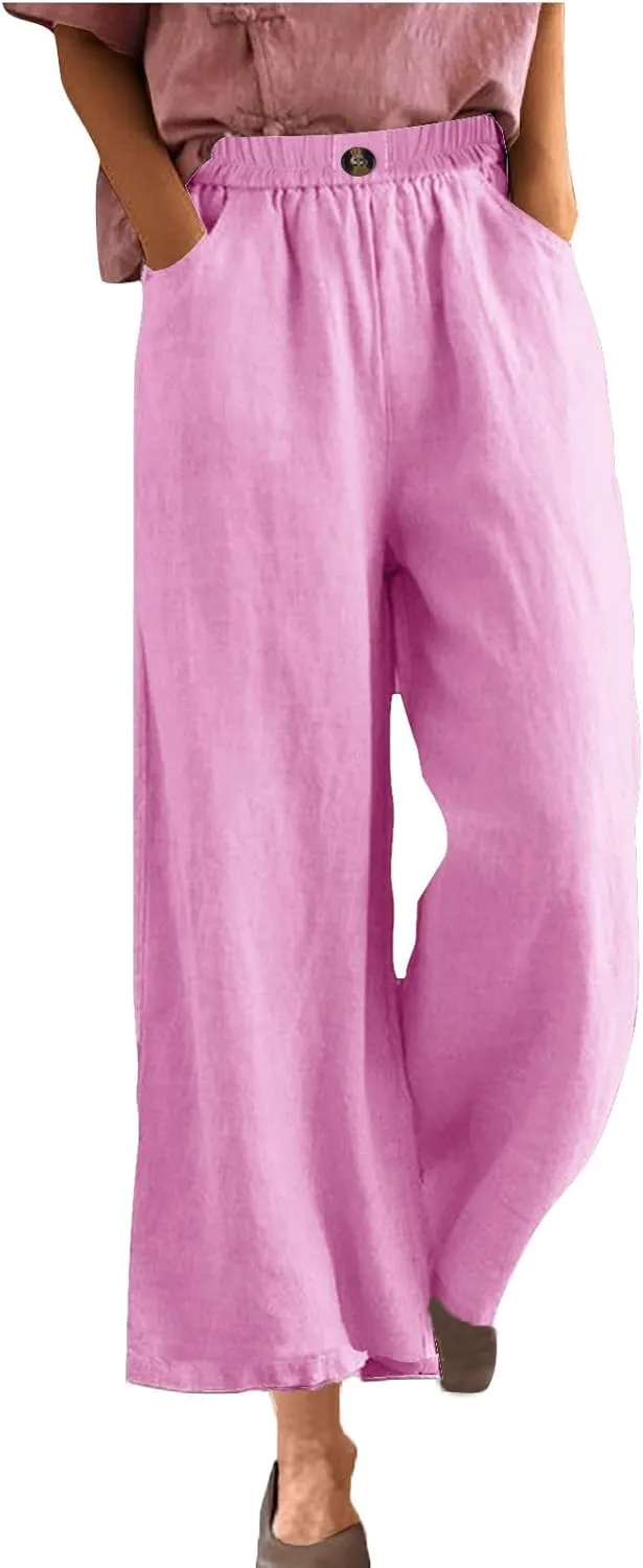 DASAYO Linen Pants Women Summer Elastic Waist Wide Leg Trousers with Pockets Ladies Loose Lounge Cropped Palazzo Beach Pants