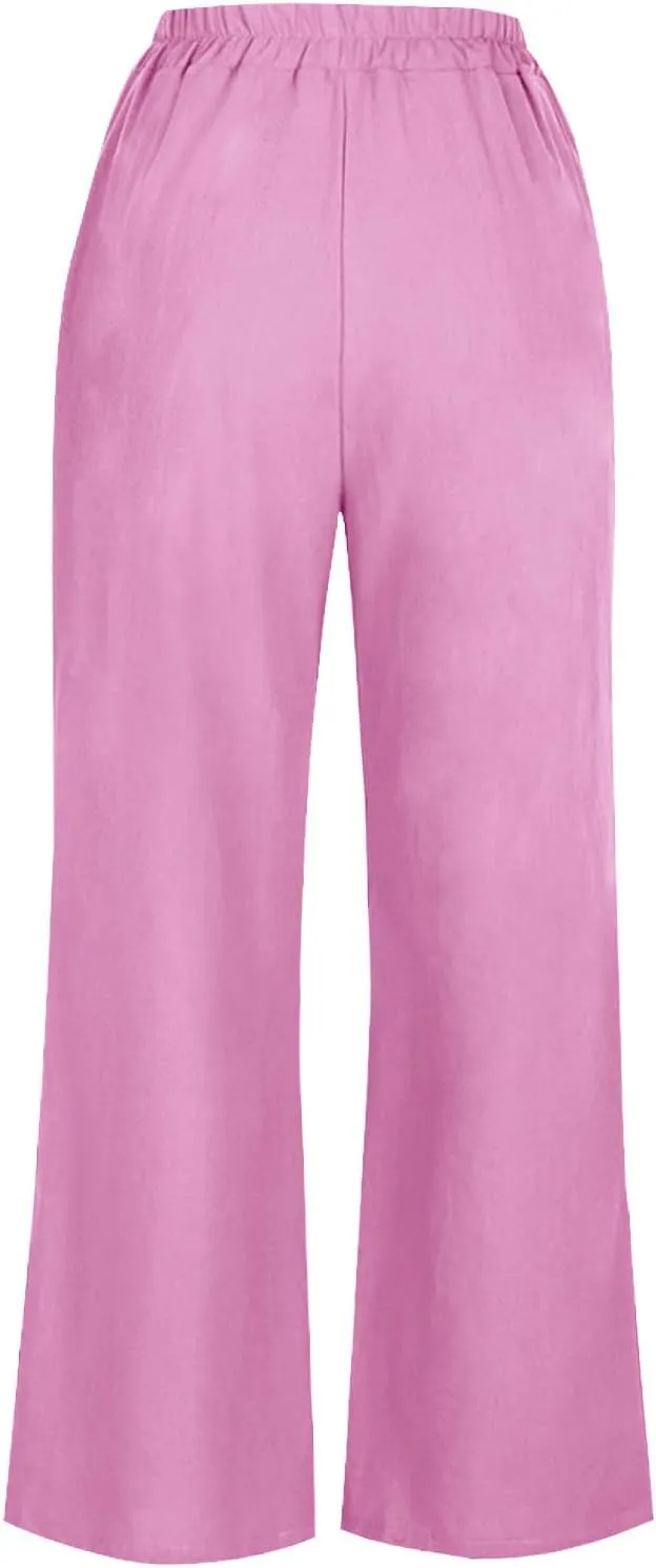 DASAYO Linen Pants Women Summer Elastic Waist Wide Leg Trousers with Pockets Ladies Loose Lounge Cropped Palazzo Beach Pants