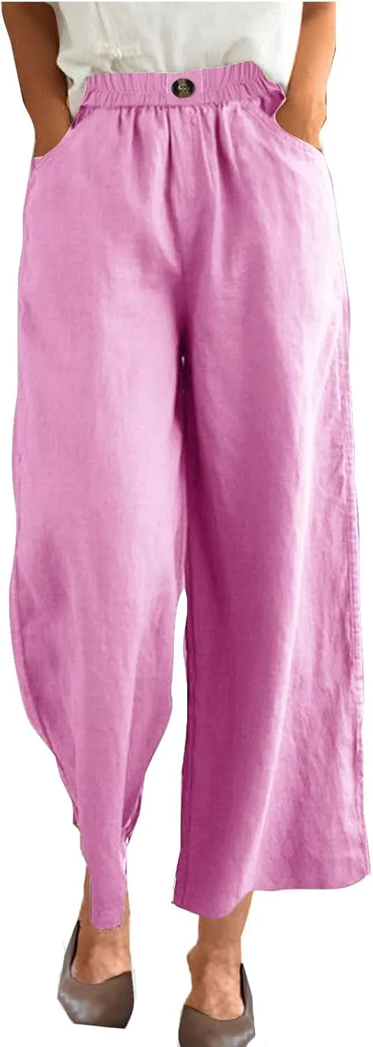 DASAYO Linen Pants Women Summer Elastic Waist Wide Leg Trousers with Pockets Ladies Loose Lounge Cropped Palazzo Beach Pants