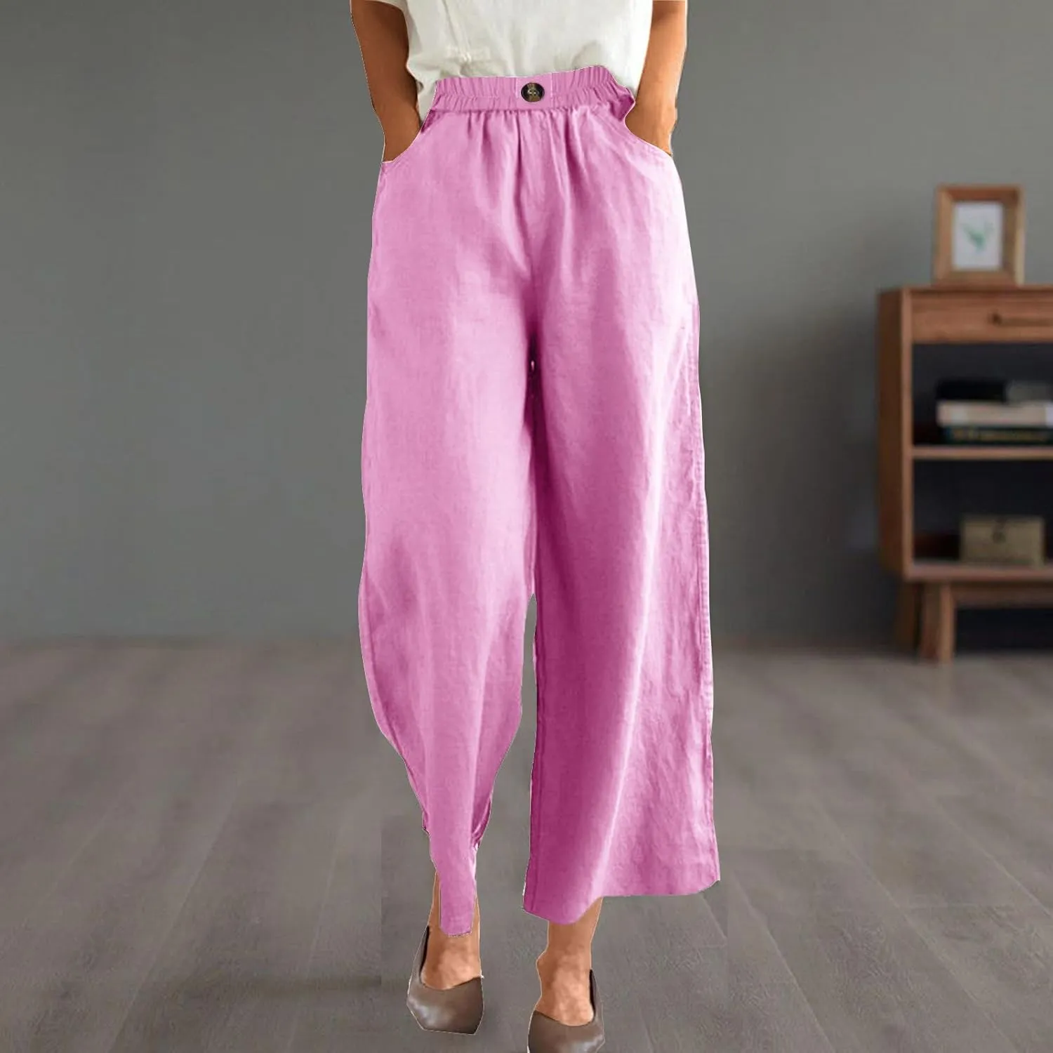 DASAYO Linen Pants Women Summer Elastic Waist Wide Leg Trousers with Pockets Ladies Loose Lounge Cropped Palazzo Beach Pants