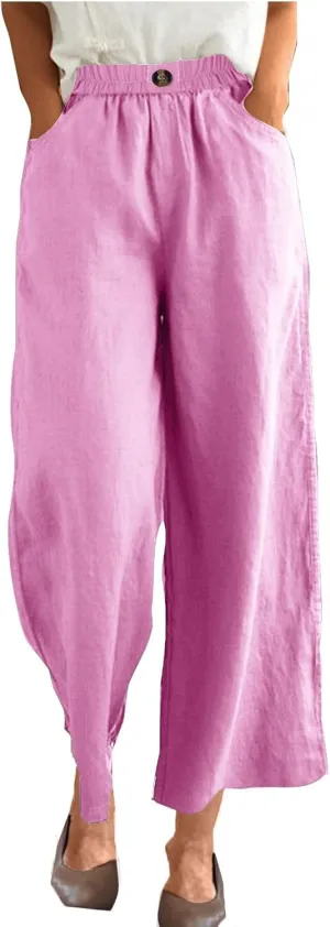 DASAYO Linen Pants Women Summer Elastic Waist Wide Leg Trousers with Pockets Ladies Loose Lounge Cropped Palazzo Beach Pants