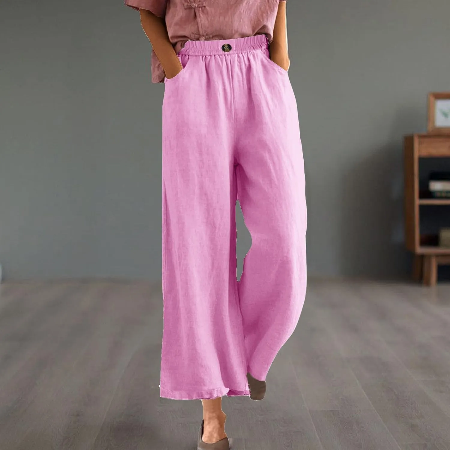 DASAYO Linen Pants Women Summer Elastic Waist Wide Leg Trousers with Pockets Ladies Loose Lounge Cropped Palazzo Beach Pants