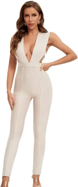 Deep V Neck Sexy Rayon Clubware Bandage Jumpsuit Bodycon Romper Pants