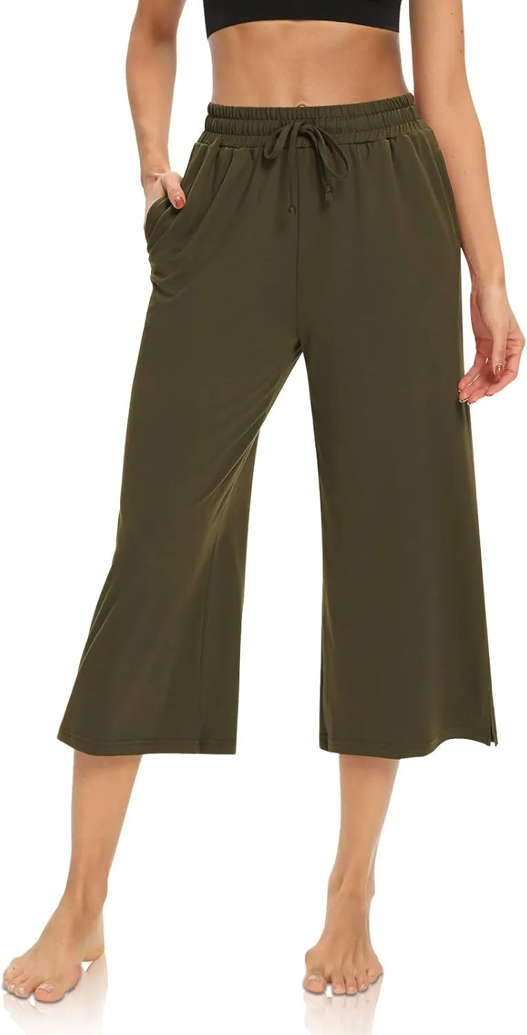 DIBAOLONG Womens Capri Pants Loose Yoga Pants Wide Leg Drawstring Comfy Lounge Pajama Capris Sweatpants with Pockets