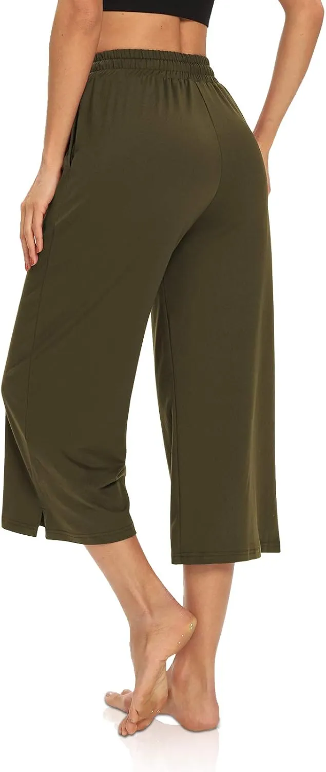 DIBAOLONG Womens Capri Pants Loose Yoga Pants Wide Leg Drawstring Comfy Lounge Pajama Capris Sweatpants with Pockets