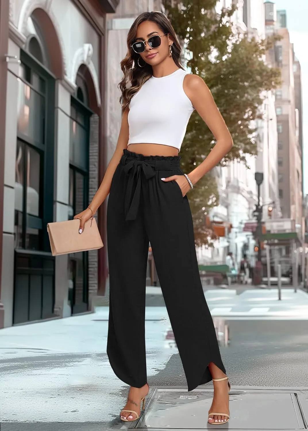 DILIUXING Womens High Waist Pants Wide Leg Adjustable Knot Loose Casual Trousers Business Work Pants with Pockets