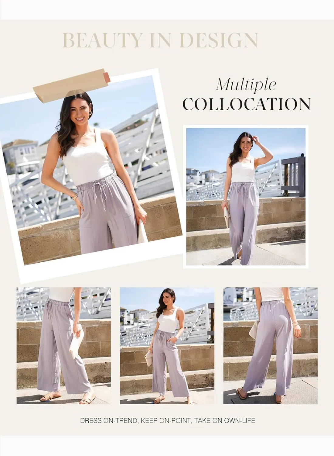 Dokotoo Women's Flowy Wide Leg Pants Casual Beach Pants High Waisted Drawstring Palazzo Trousers with Pockets