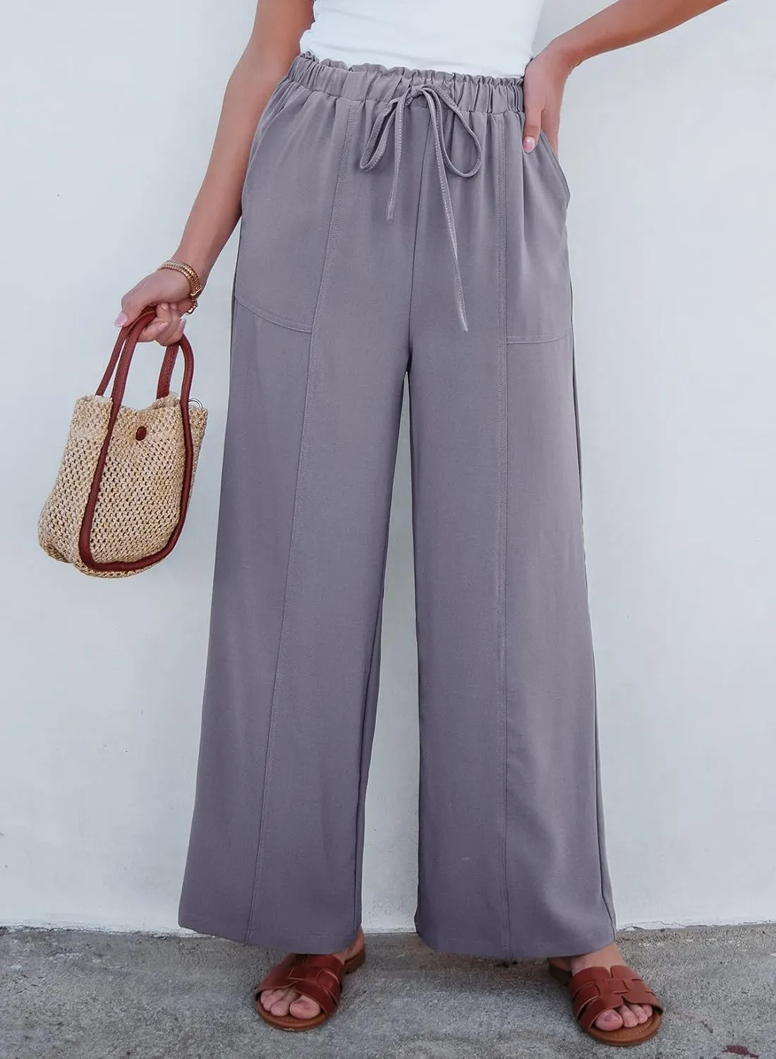 Dokotoo Women's Flowy Wide Leg Pants Casual Beach Pants High Waisted Drawstring Palazzo Trousers with Pockets