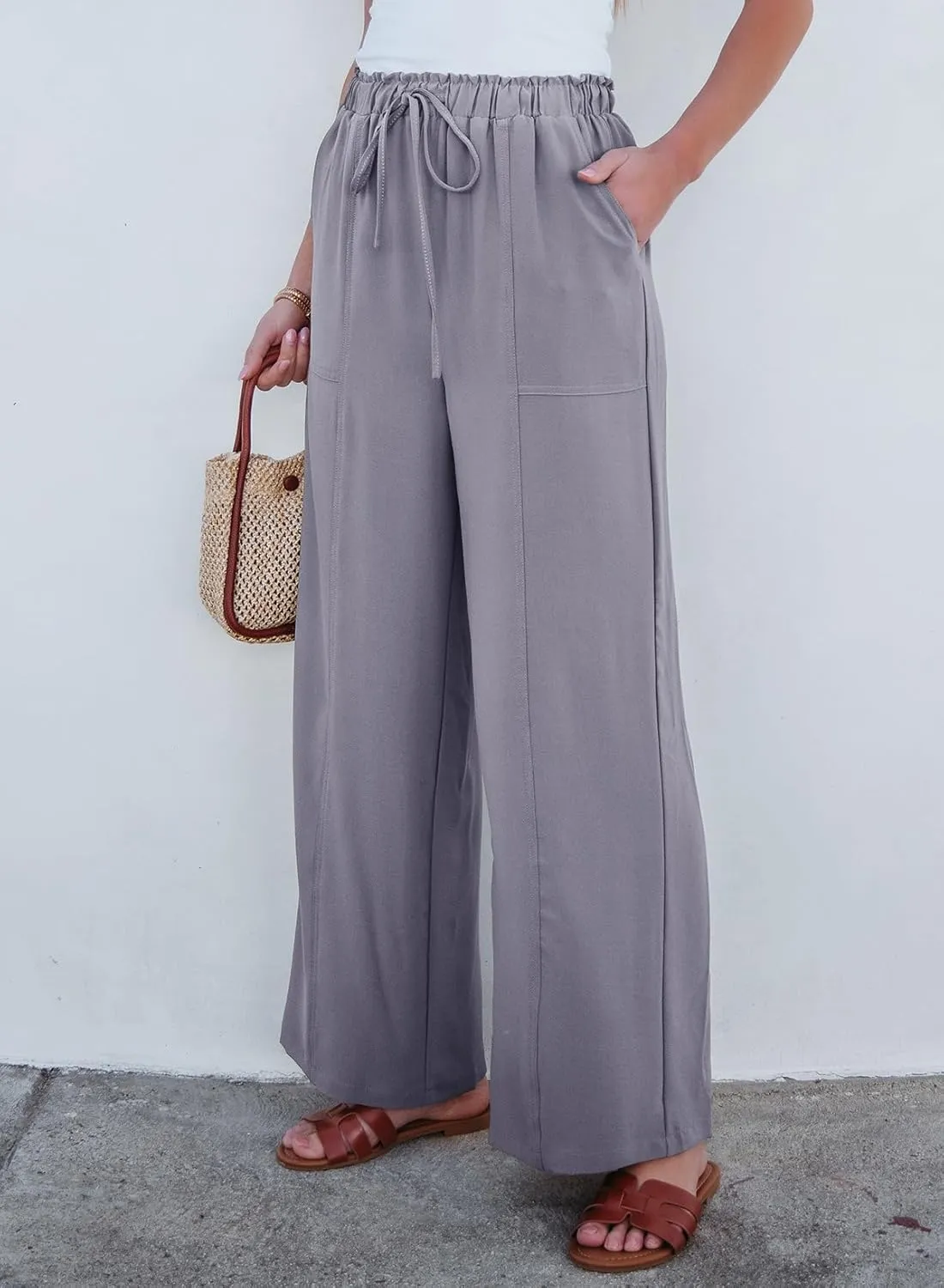 Dokotoo Women's Flowy Wide Leg Pants Casual Beach Pants High Waisted Drawstring Palazzo Trousers with Pockets