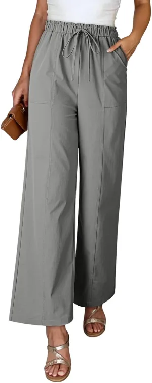 Dokotoo Women's Flowy Wide Leg Pants Casual Beach Pants High Waisted Drawstring Palazzo Trousers with Pockets