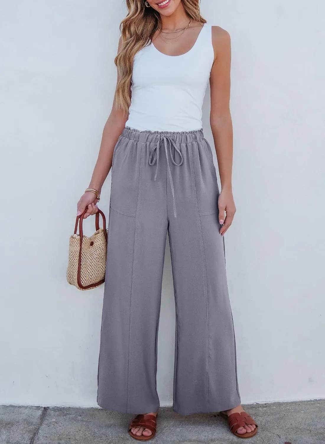 Dokotoo Women's Flowy Wide Leg Pants Casual Beach Pants High Waisted Drawstring Palazzo Trousers with Pockets