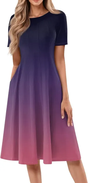 Easter Dress for Women Short Sleeve Casual Flowy Trendy Vacation Midi Dress Crewneck Beach Long Sundresses Summer