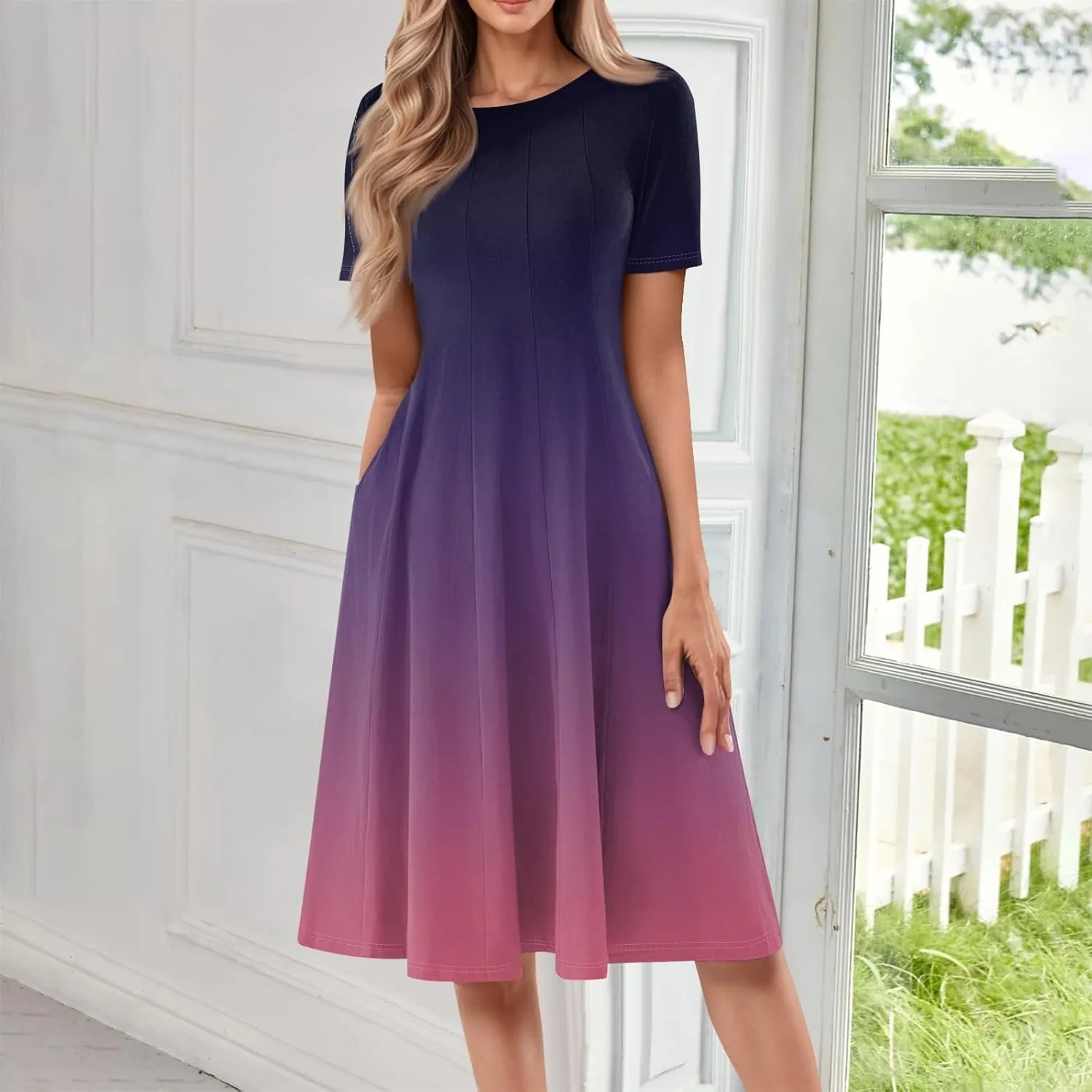 Easter Dress for Women Short Sleeve Casual Flowy Trendy Vacation Midi Dress Crewneck Beach Long Sundresses Summer