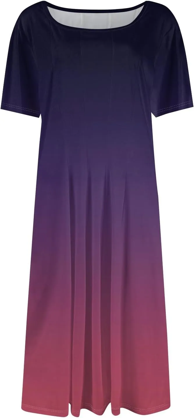 Easter Dress for Women Short Sleeve Casual Flowy Trendy Vacation Midi Dress Crewneck Beach Long Sundresses Summer