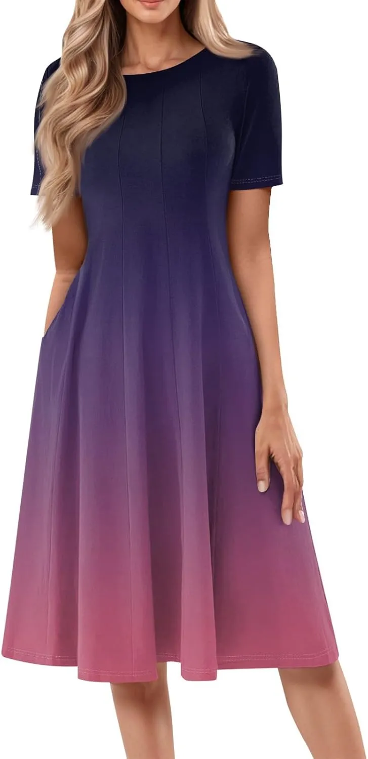 Easter Dress for Women Short Sleeve Casual Flowy Trendy Vacation Midi Dress Crewneck Beach Long Sundresses Summer