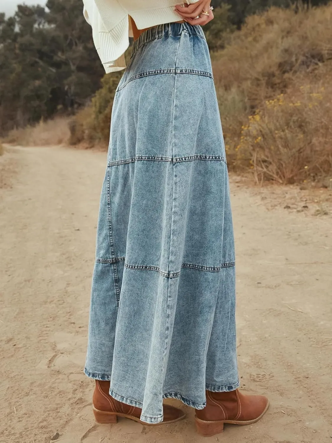 ebossy Womens Denim Maxi Skirt Elastic High Waisted Casual Buttons A-Line Tiered Long Jean Skirt Western Style