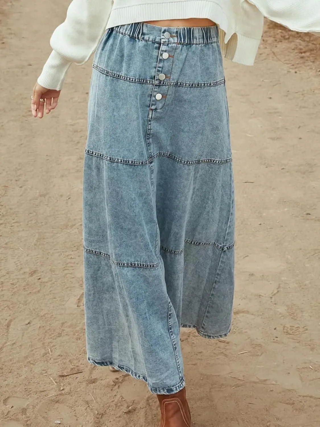 ebossy Womens Denim Maxi Skirt Elastic High Waisted Casual Buttons A-Line Tiered Long Jean Skirt Western Style