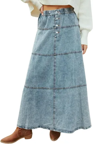 ebossy Womens Denim Maxi Skirt Elastic High Waisted Casual Buttons A-Line Tiered Long Jean Skirt Western Style