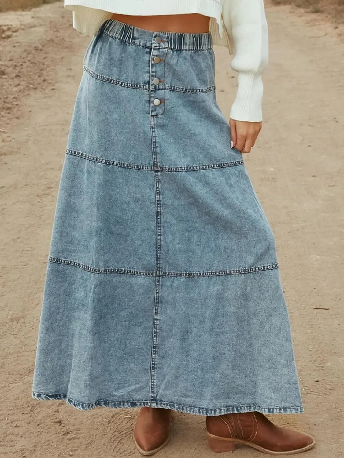 ebossy Womens Denim Maxi Skirt Elastic High Waisted Casual Buttons A-Line Tiered Long Jean Skirt Western Style