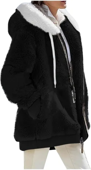 Fall Outfits for Women Zipper Color Block Outerwear Long Sleeve Fleece Plush Stitching Coats Warm Hooded Jacket