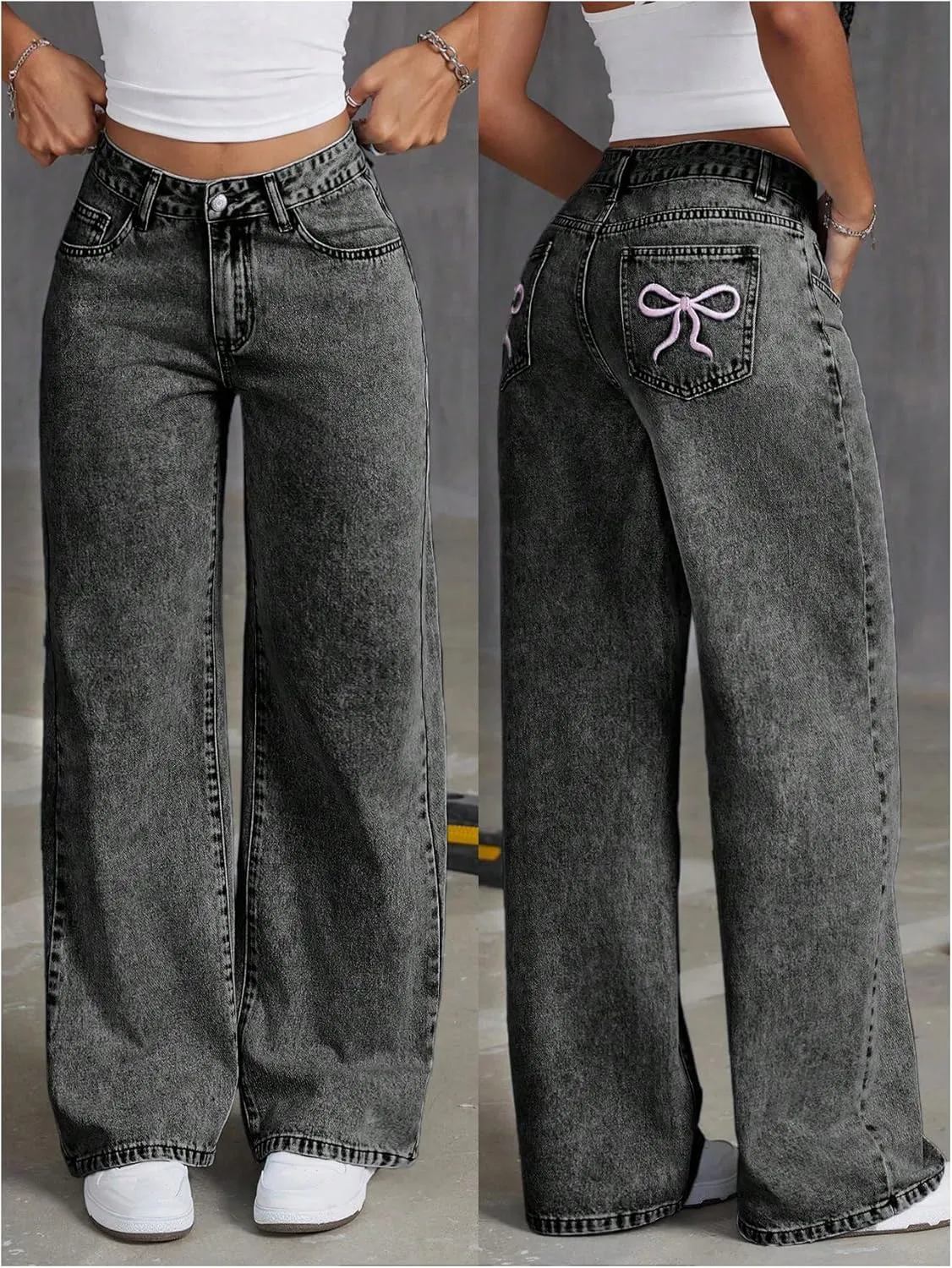 Floerns Women's Bowknot Embroidery Jeans Y2k Straight Leg Boyfriend Denim Pants